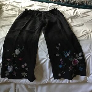 Johnny Was Black Wide Leg Pants with Floral Embroidery
